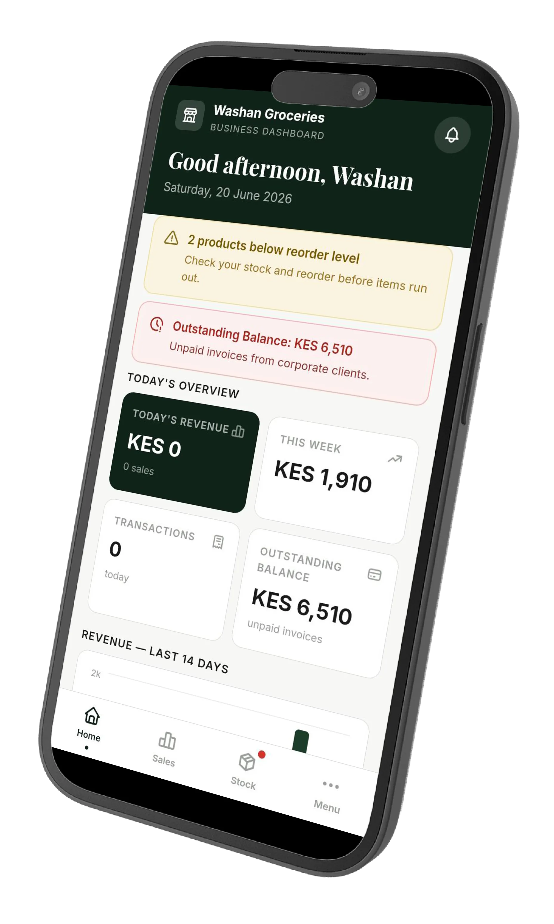 Washan Groceries — the dashboard on the move